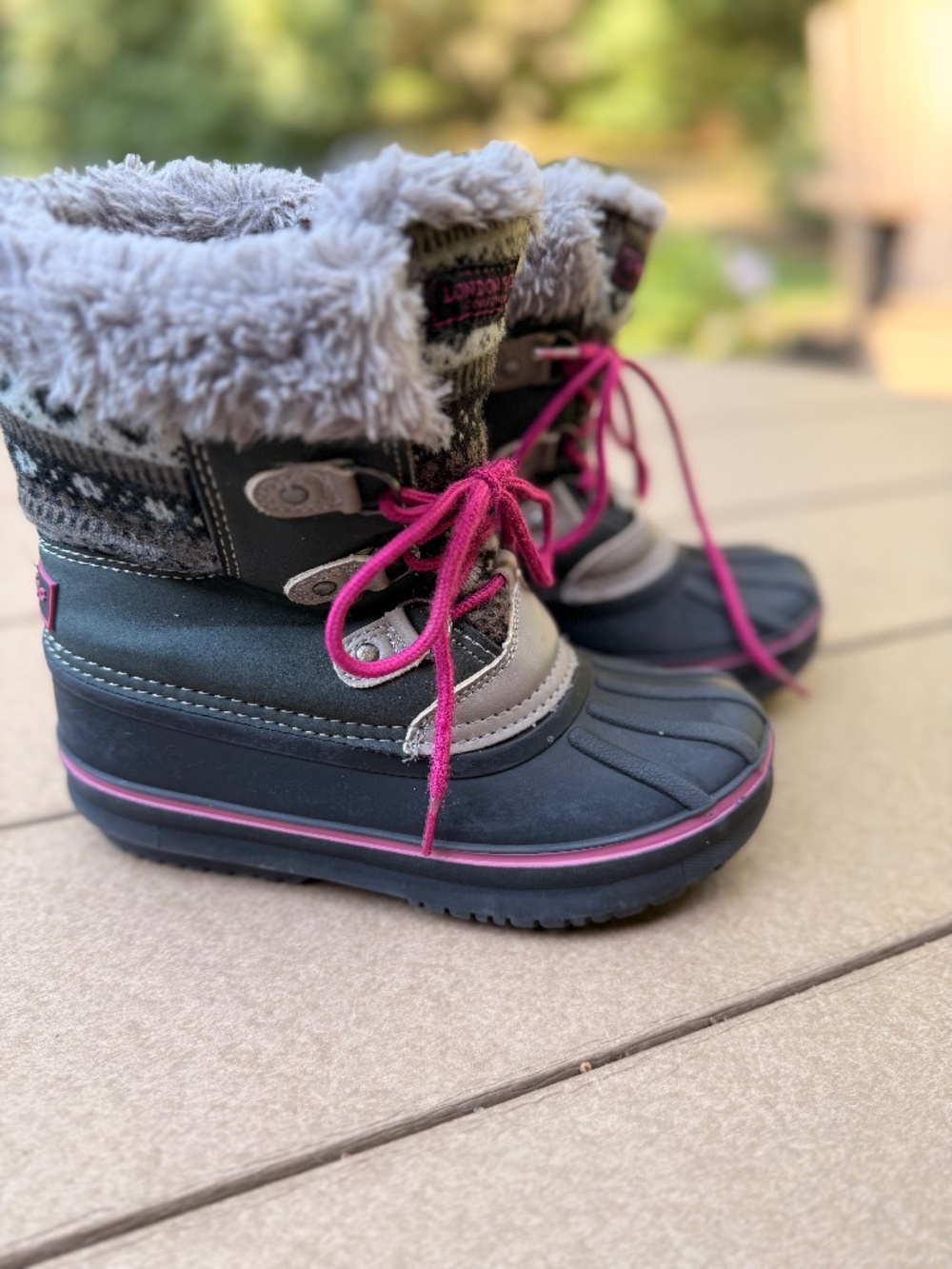 London Fog Girls Gray Pink Waterproof Snow Boots Faux Fur Winter Youth Size 1